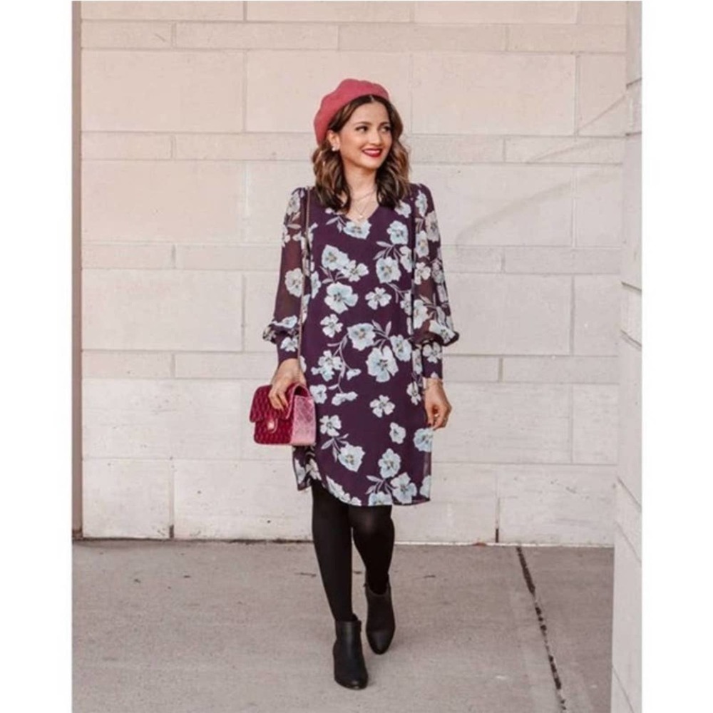 CAbi Ellery Long Sleeve Dress Purple Floral Womens Size Small